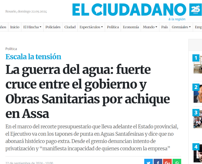 La guerra del agua: fuerte cruce entre el gobierno y Obras Sanitarias por achique en Assa