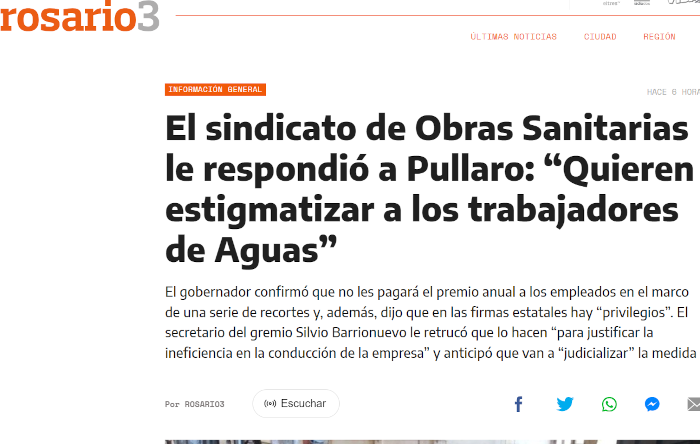 El sindicato de Obras Sanitarias le respondió a Pullaro: “Quieren estigmatizar a los trabajadores de Aguas”