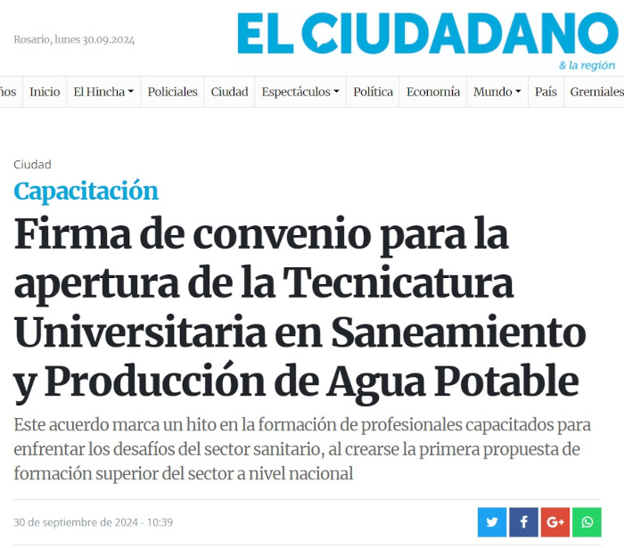 Firma de convenio para la apertura de la Tecnicatura Universitaria en Saneamiento y Producción de Agua Potable